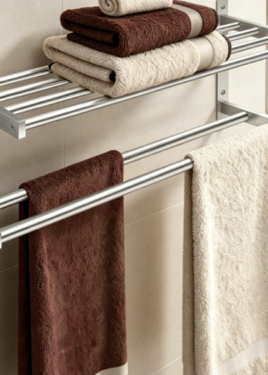 Double-Tier Shelf with Towel Bar — Brushed Nickel Stainless Steel