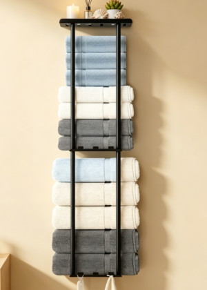 3-Tier Towel Rack — Black Finish with Shelf & Hooks