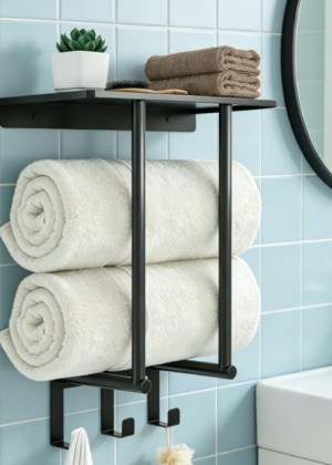 Wall-Mounted Rack with Metal Shelf & Hooks — For Small Bathrooms