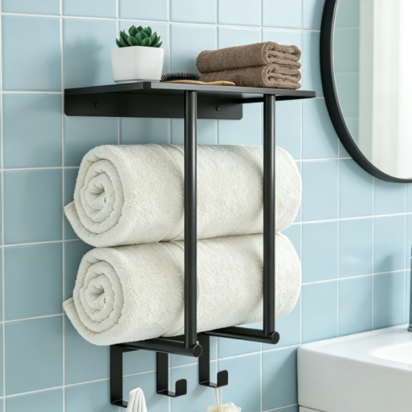 Wall-Mounted Rack with Metal Shelf & Hooks — For Small Bathrooms