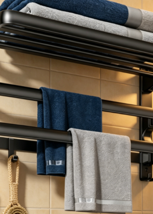 Foldable Double-Bar Towel Rack — Matte Black with Hooks