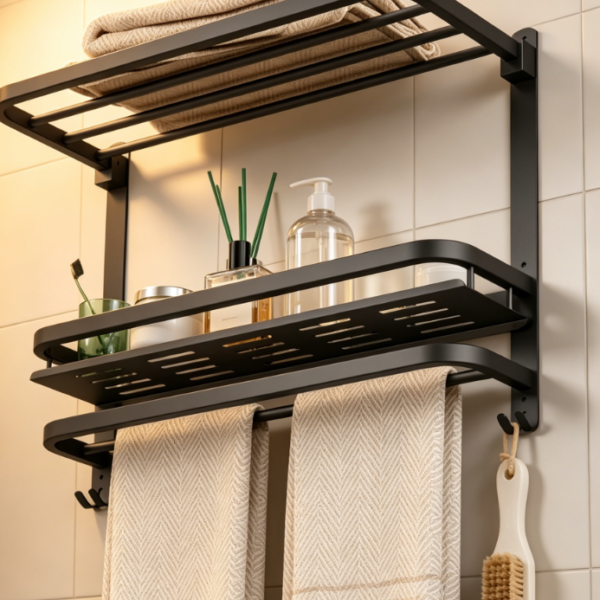 Foldable Black Towel Rack — No-Drill Installation