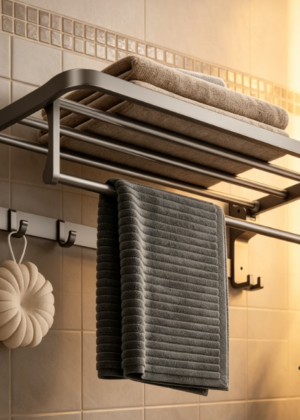 Foldable Towel Rack with Hooks — Modern Gray Finish