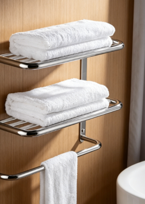 Double-Tier Floating Shelf with Towel Bar — Polished Chrome Finish