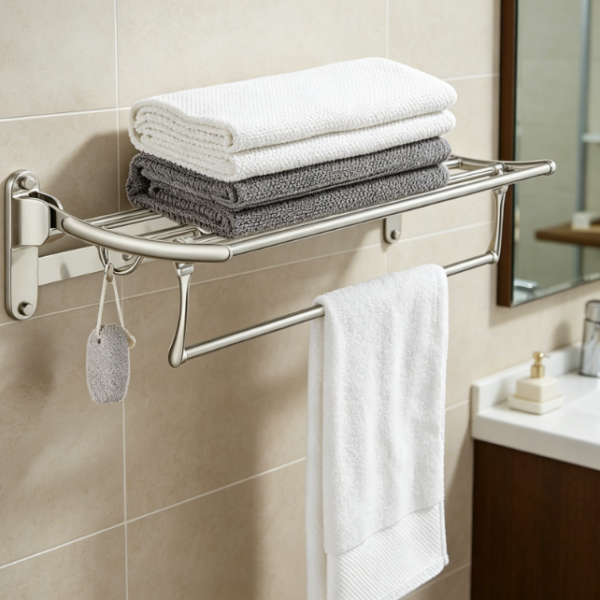Foldable Double-Bar Towel Rack — Brushed Nickel with Hooks