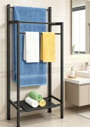 3-Tier Freestanding Metal Towel Rack with Movable Storage Basket