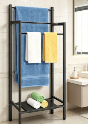 3-Tier Freestanding Metal Towel Rack with Movable Storage Basket