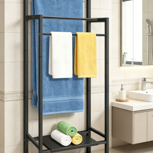 3-Tier Freestanding Metal Towel Rack with Movable Storage Basket