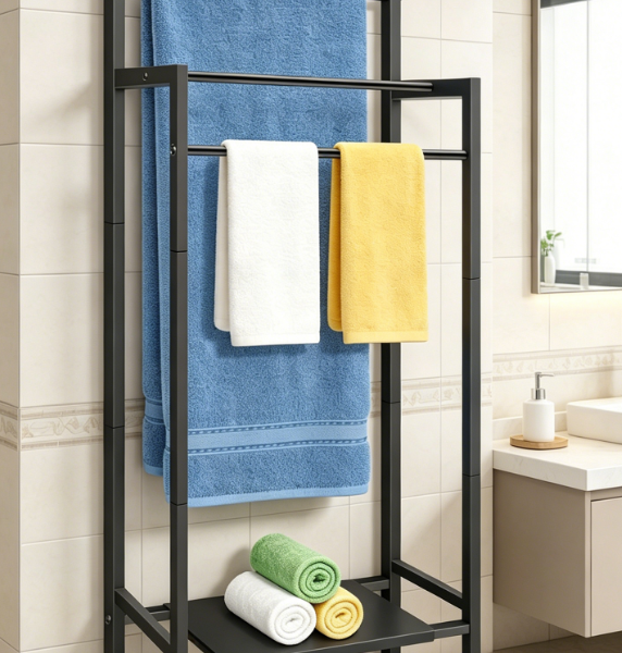 3-Tier Freestanding Metal Towel Rack with Movable Storage Basket