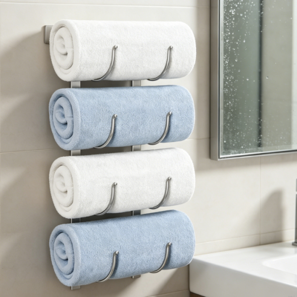 4-Tier Rolled Towel Rack — Space-Saving Wall Mount