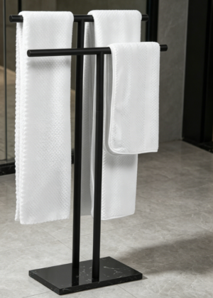 Matte Black 2-Tier Towel Rack with Marble Base (Double T-Shape)