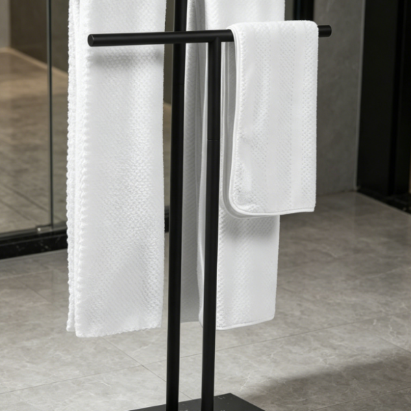 Matte Black 2-Tier Towel Rack with Marble Base (Double T-Shape)