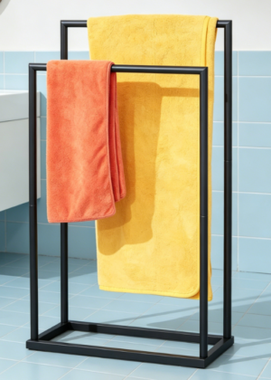 2-Tier Towel Rack with Storage Shelf, Black Poolside Blanket Stand