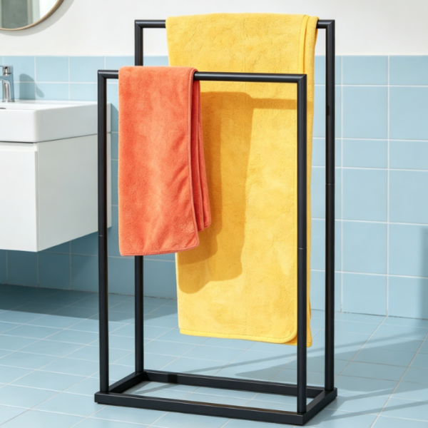2-Tier Towel Rack with Storage Shelf, Black Poolside Blanket Stand