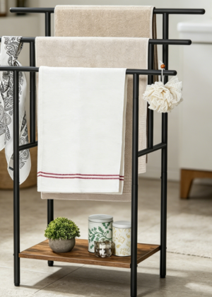 3-Tier Ladder-Style Towel Rack (Black & Vintage Brown Color Scheme)