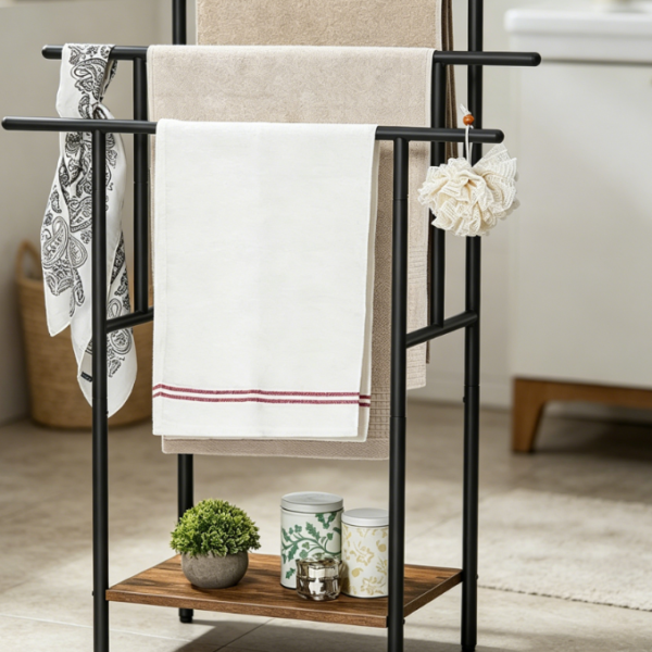 3-Tier Ladder-Style Towel Rack (Black & Vintage Brown Color Scheme)