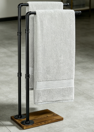 Black Freestanding Towel Rack with Wooden Base (2-Tier)