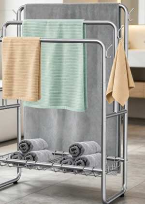 3-Tier Bath Towel Rack with Storage Basket and Hooks