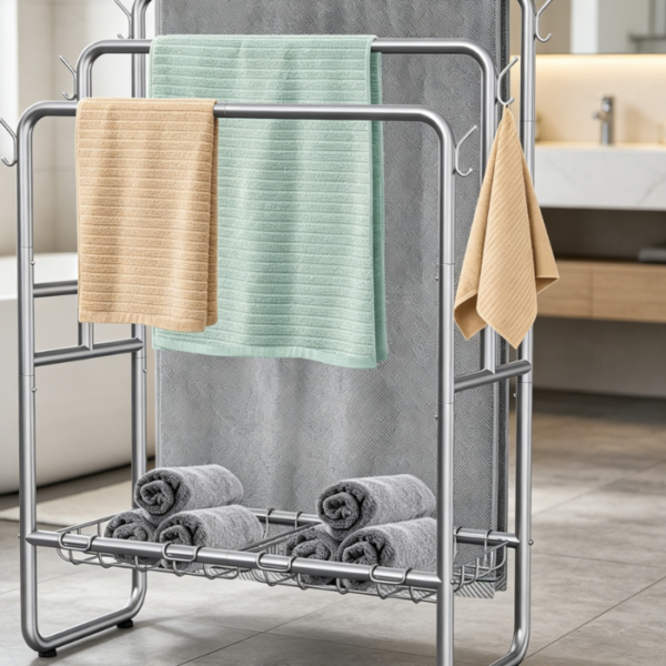3-Tier Bath Towel Rack with Storage Basket and Hooks