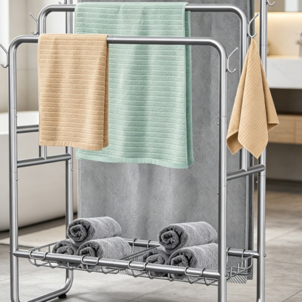 3-Tier Bath Towel Rack with Storage Basket and Hooks
