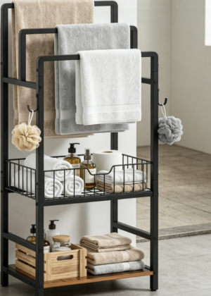 3-Tier Towel Rack (Vintage Brown) with Hooks and Storage Basket