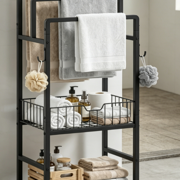 3-Tier Towel Rack (Vintage Brown) with Hooks and Storage Basket