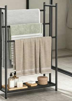 3-Tier Industrial-Style Freestanding Towel Rack with Bottom Mesh Shelf