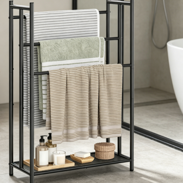 3-Tier Industrial-Style Freestanding Towel Rack with Bottom Mesh Shelf