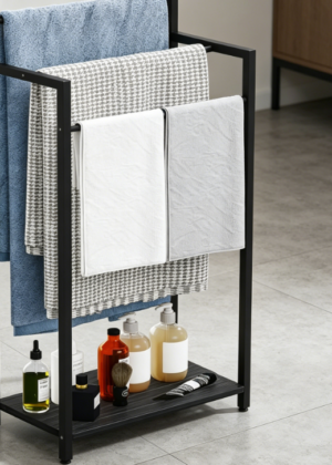 3-Tier Ladder-Style Towel Rack with Black Wooden Shelves