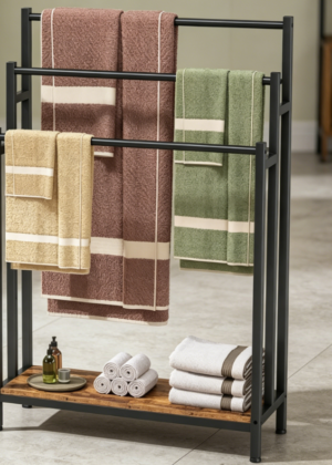 Extra-Large 3-Tier Ladder-Style Towel Rack (Vintage Brown & Black Color Scheme)