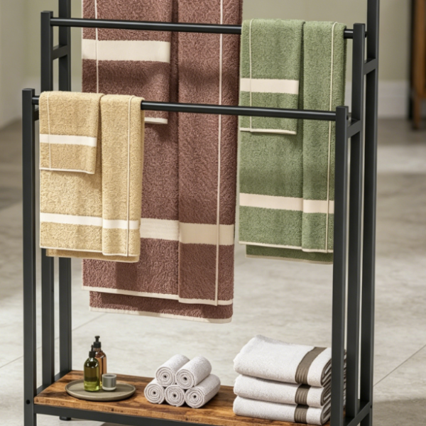 Extra-Large 3-Tier Ladder-Style Towel Rack (Vintage Brown & Black Color Scheme)