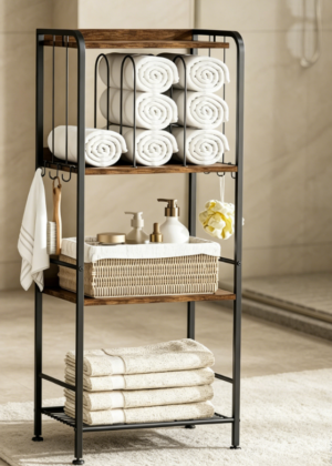 M-Shaped 4-Tier Towel Rack with Hooks (Vintage Freestanding, Space-Saving)