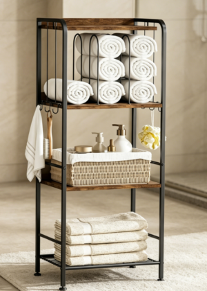M-Shaped 4-Tier Towel Rack with Hooks (Vintage Freestanding, Space-Saving)