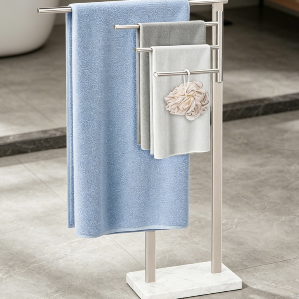 3-Tier Freestanding Towel Rack with Swiveling Rods and Marble Base