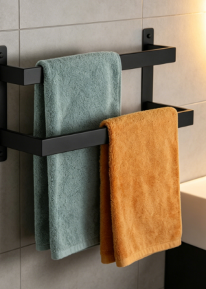 Double-Tiered Towel Bar — Black Stainless Steel Wall Mount
