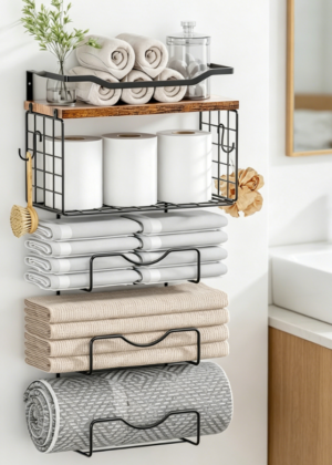 6-Tier Floating Shelf Rack — Metal & Wood Towel Storage